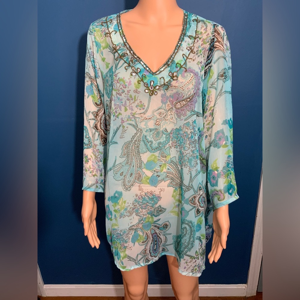 Floral V-Neck Sheer Blouse - Blue and Green